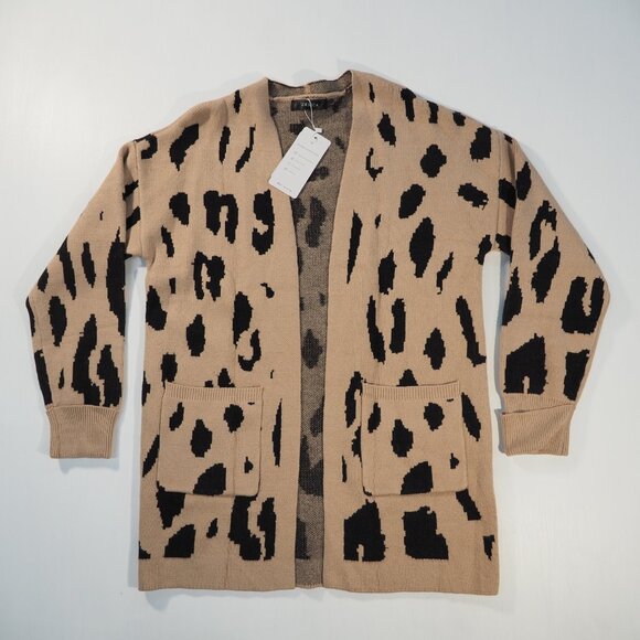 Zesica Sweater Cardigan Women Large Tan Leopard Open Front Duster Pockets Preppy - Picture 10 of 10